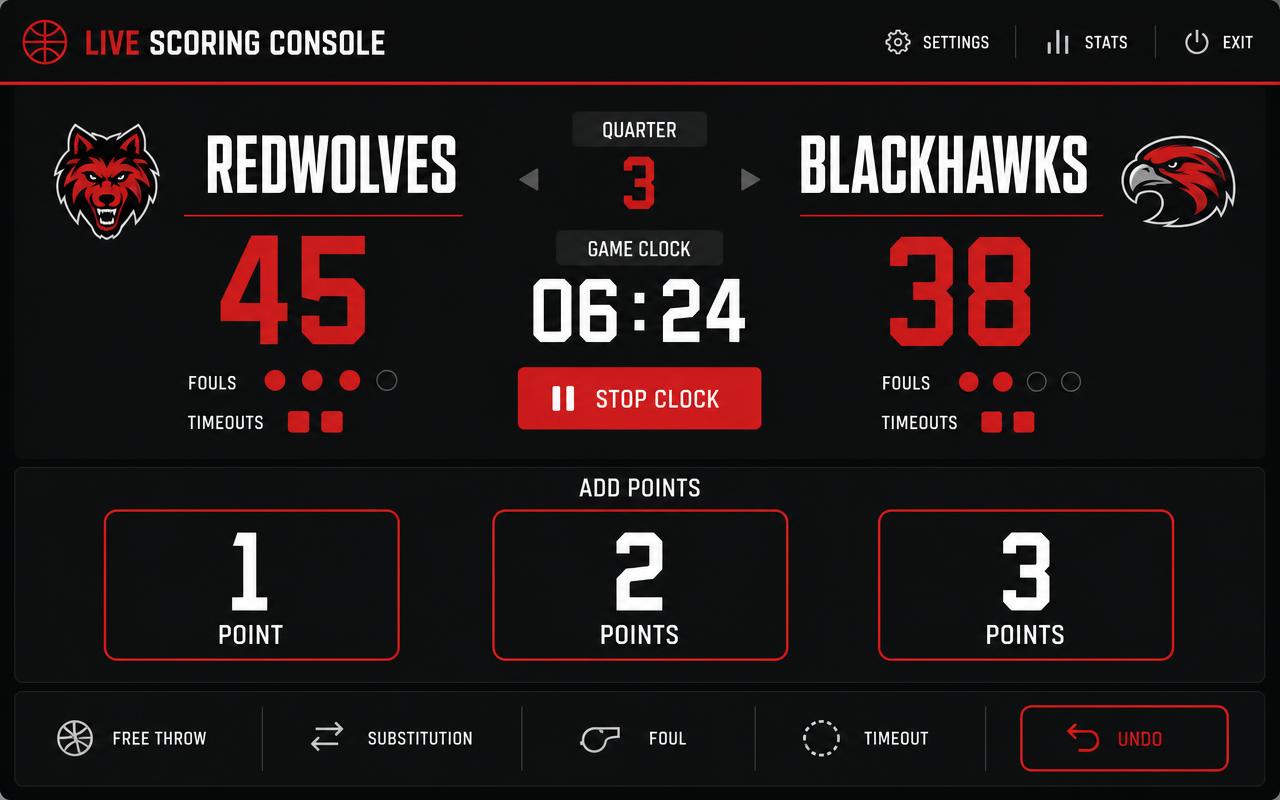 Live scoring console with scoreboard, clock and point buttons