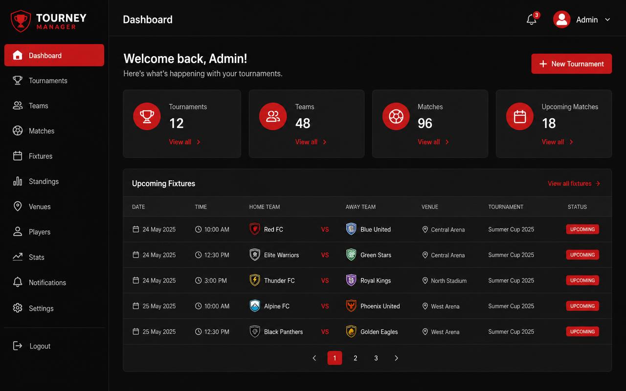 Organizer dashboard with stat cards and upcoming fixtures