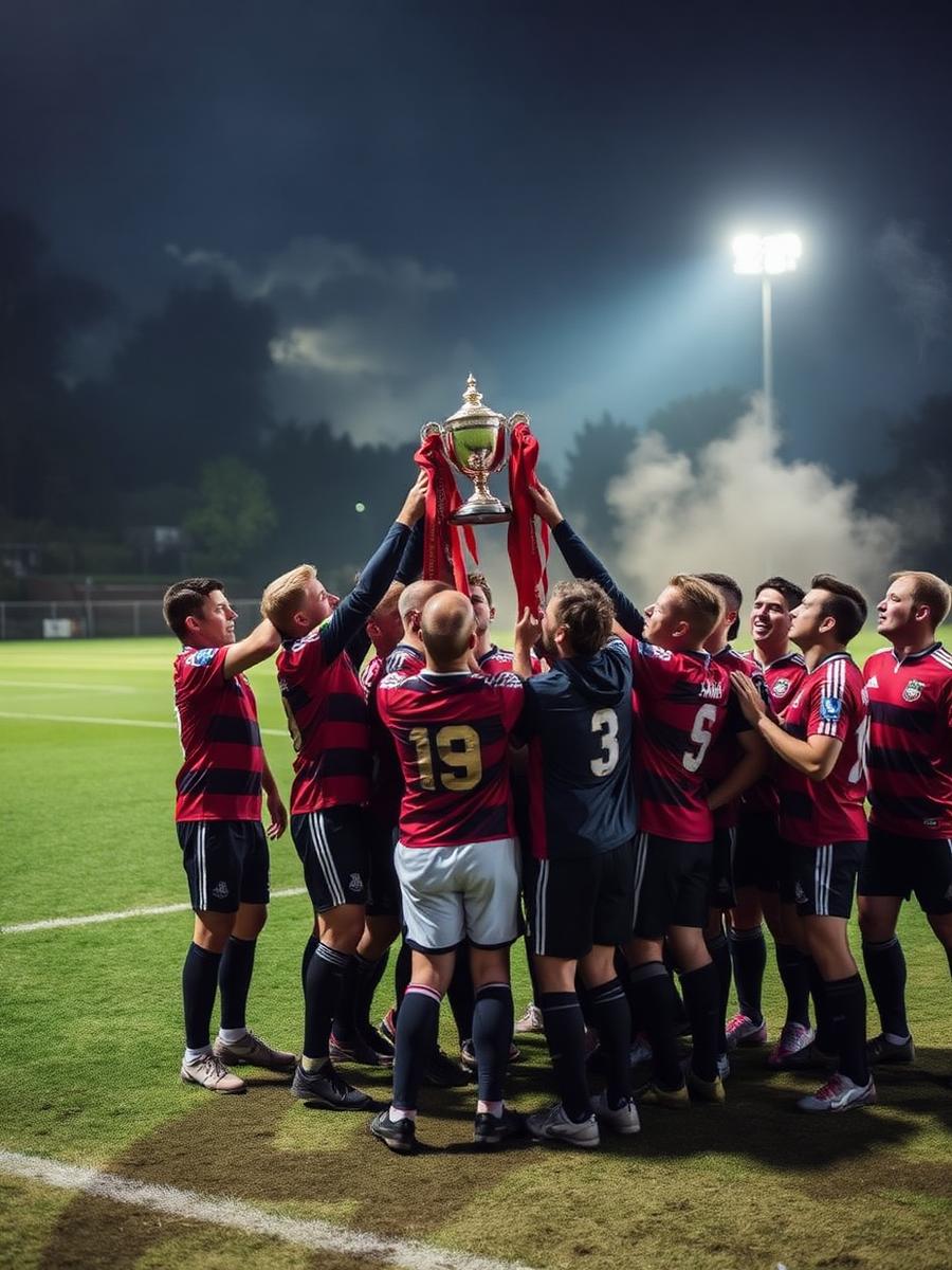 Football team lifting a trophy on a local pitch
